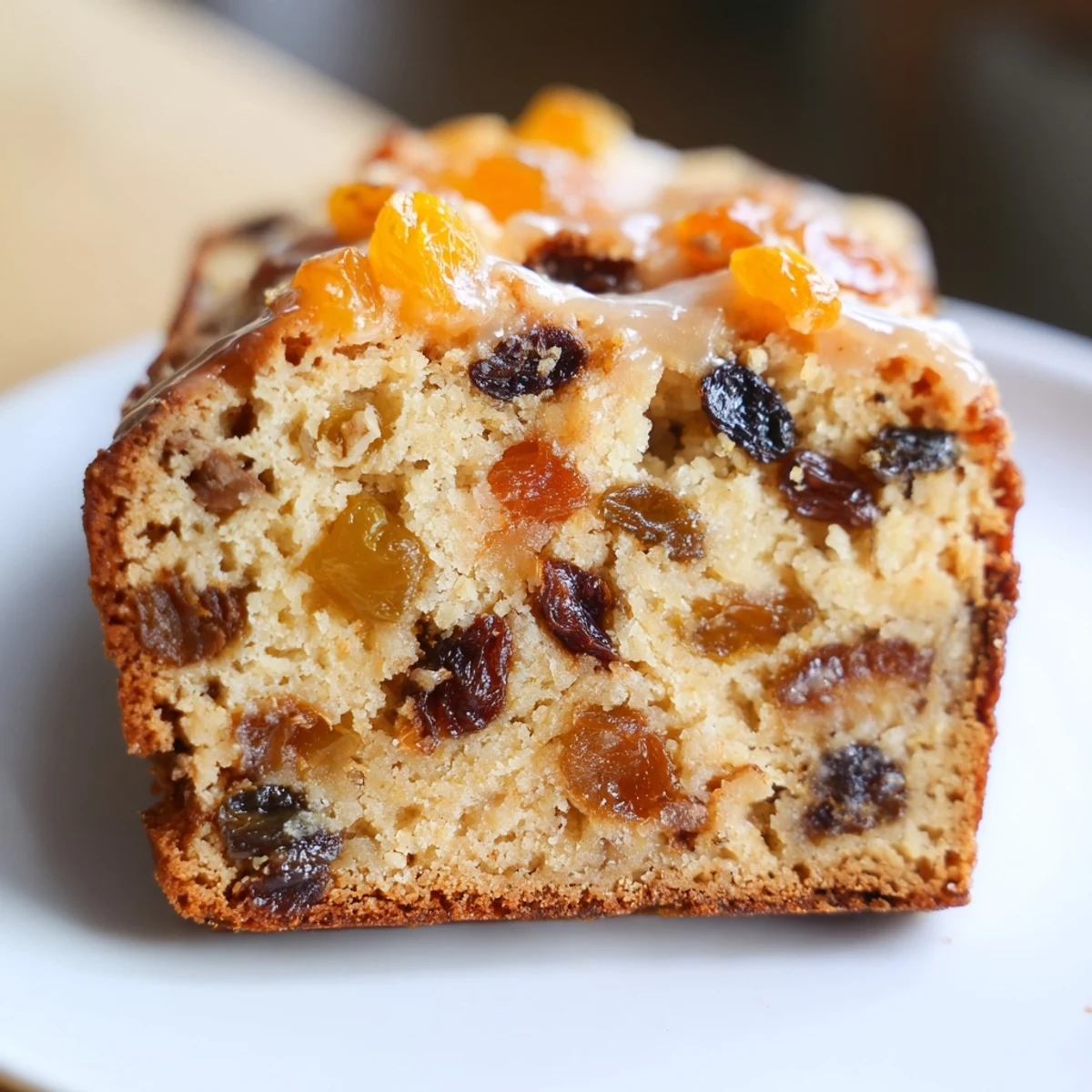 Homemade Irish Tea Cake loaf, fragrant with cinnamon and nutmeg, sliced to show moist, fruit-filled interior.
