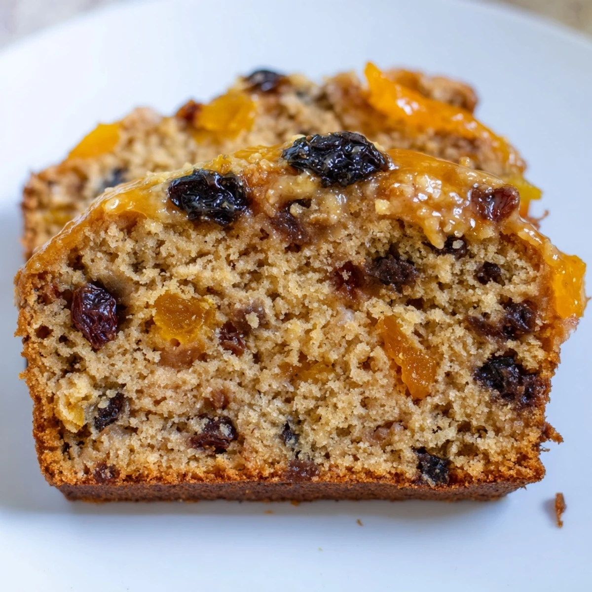 Warm Irish Tea Cake slice with plump dried fruits and a glossy orange marmalade glaze on a plate.