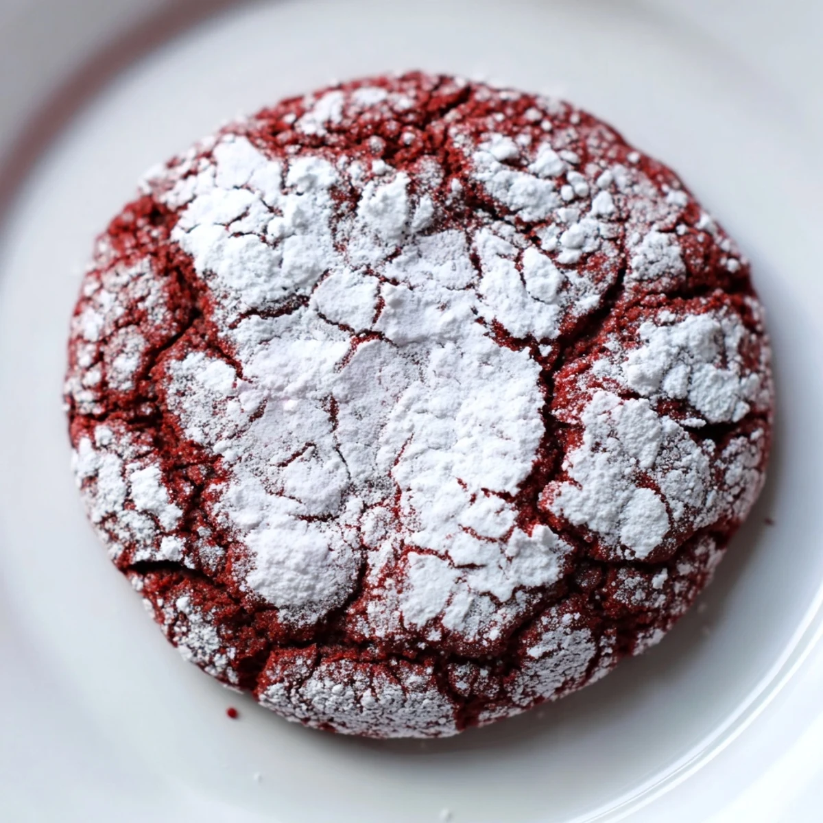 A close-up of Red Velvet Crinkle Cookies with powdered sugar, showcasing the moist, chewy texture and deep red crinkles on a rustic wooden board.  