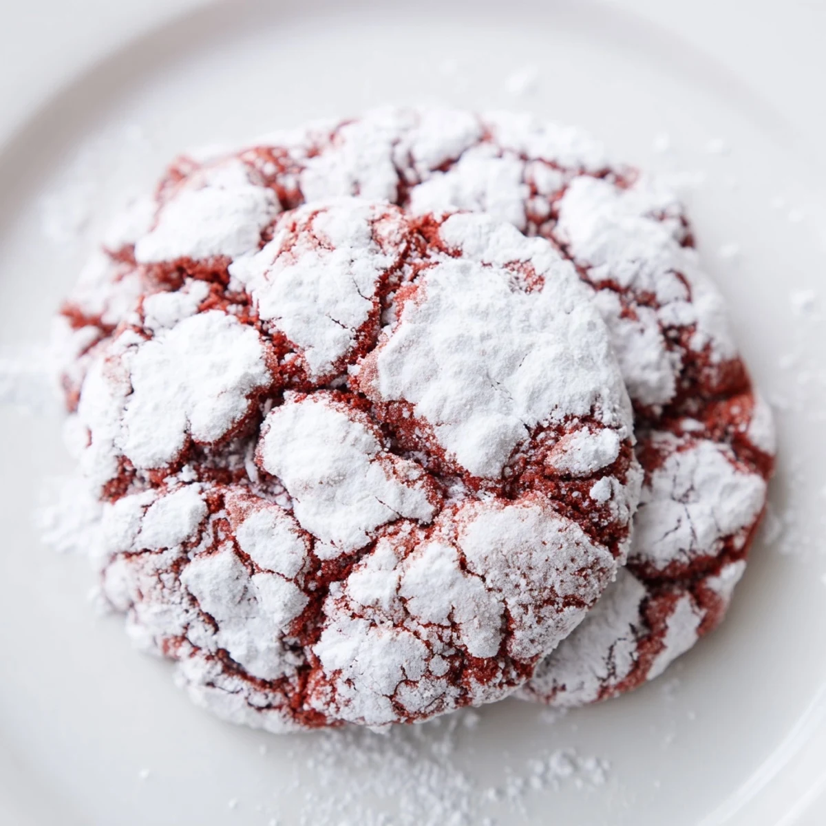 A festive platter of Red Velvet Crinkle Cookies, highlighting the dramatic contrast between the snowy sugar coating and vibrant red interior.