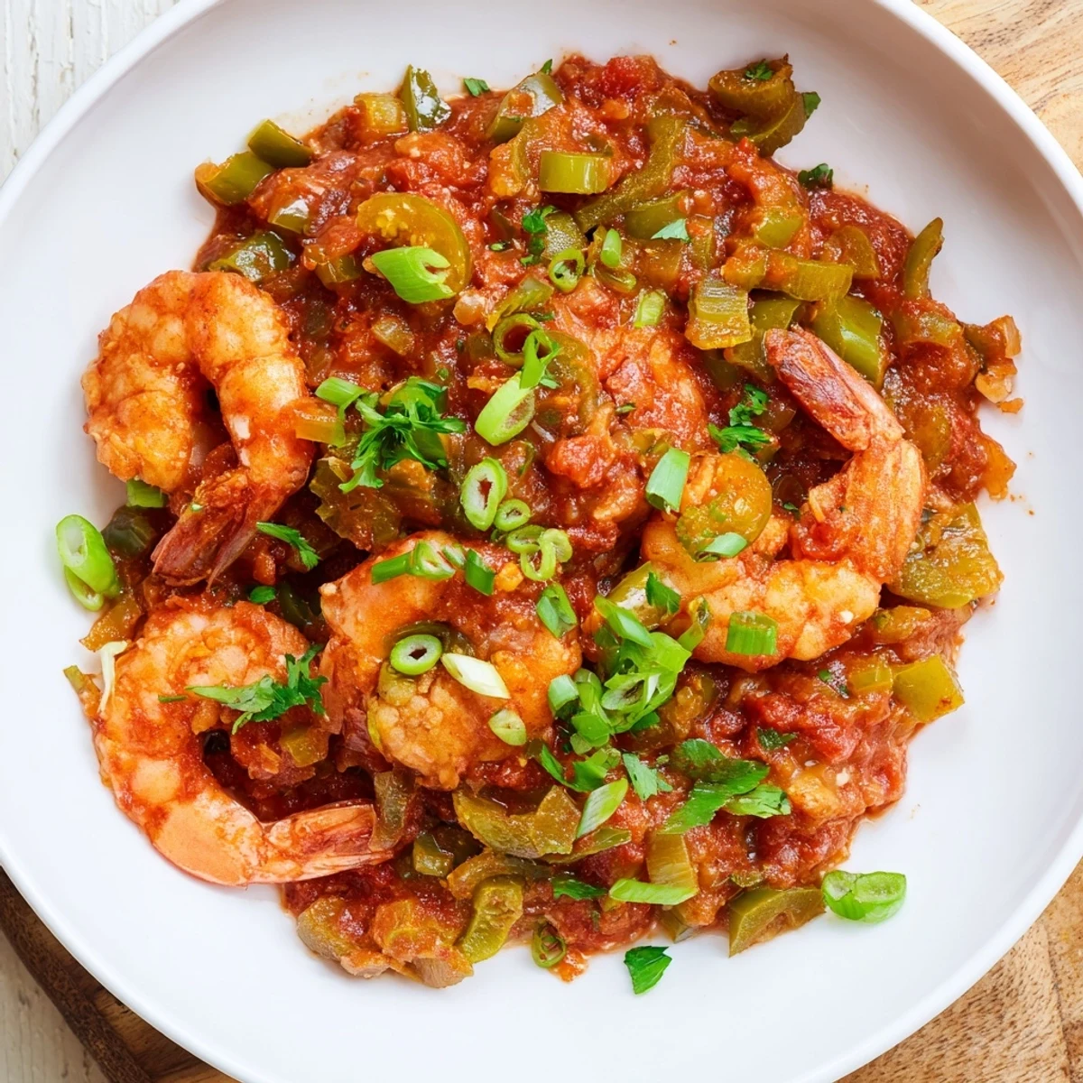 A bowl of Mardi Gras Shrimp Creole featuring plump pink shrimp in a zesty tomato sauce with bell peppers, served over fluffy white rice and garnished with fresh green onions.
