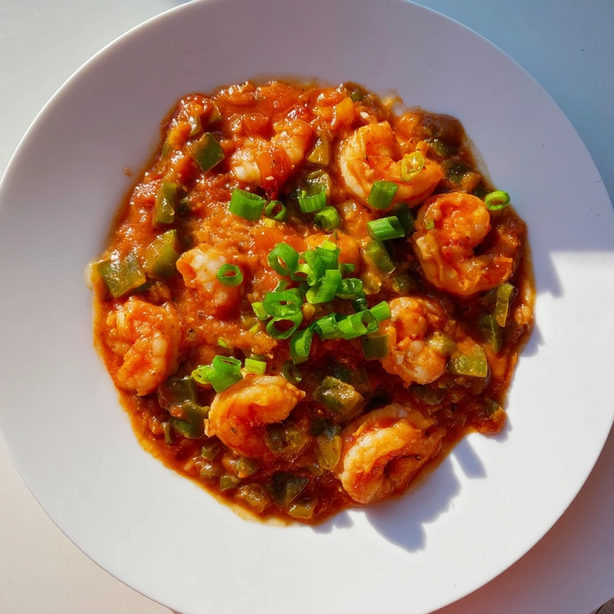 A close-up view of Mardi Gras Shrimp Creole highlighting the rich, spicy tomato-based sauce with tender shrimp, diced celery, and vibrant peppers, ready to serve at a festive table.