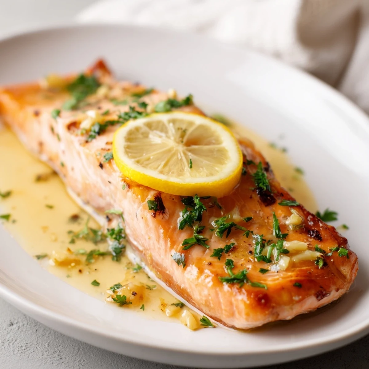 Golden-baked Lemon Garlic Butter Salmon fillets glistening with a rich, buttery sauce and topped with fresh parsley.