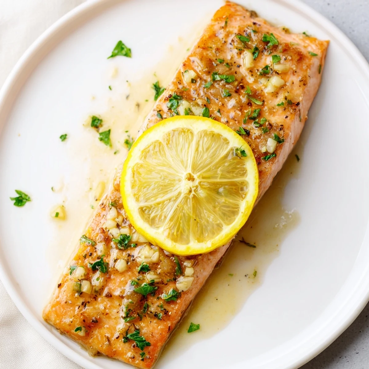 A close-up of tender, flaky Lemon Garlic Butter Salmon served with lemon slices and steamed vegetables.