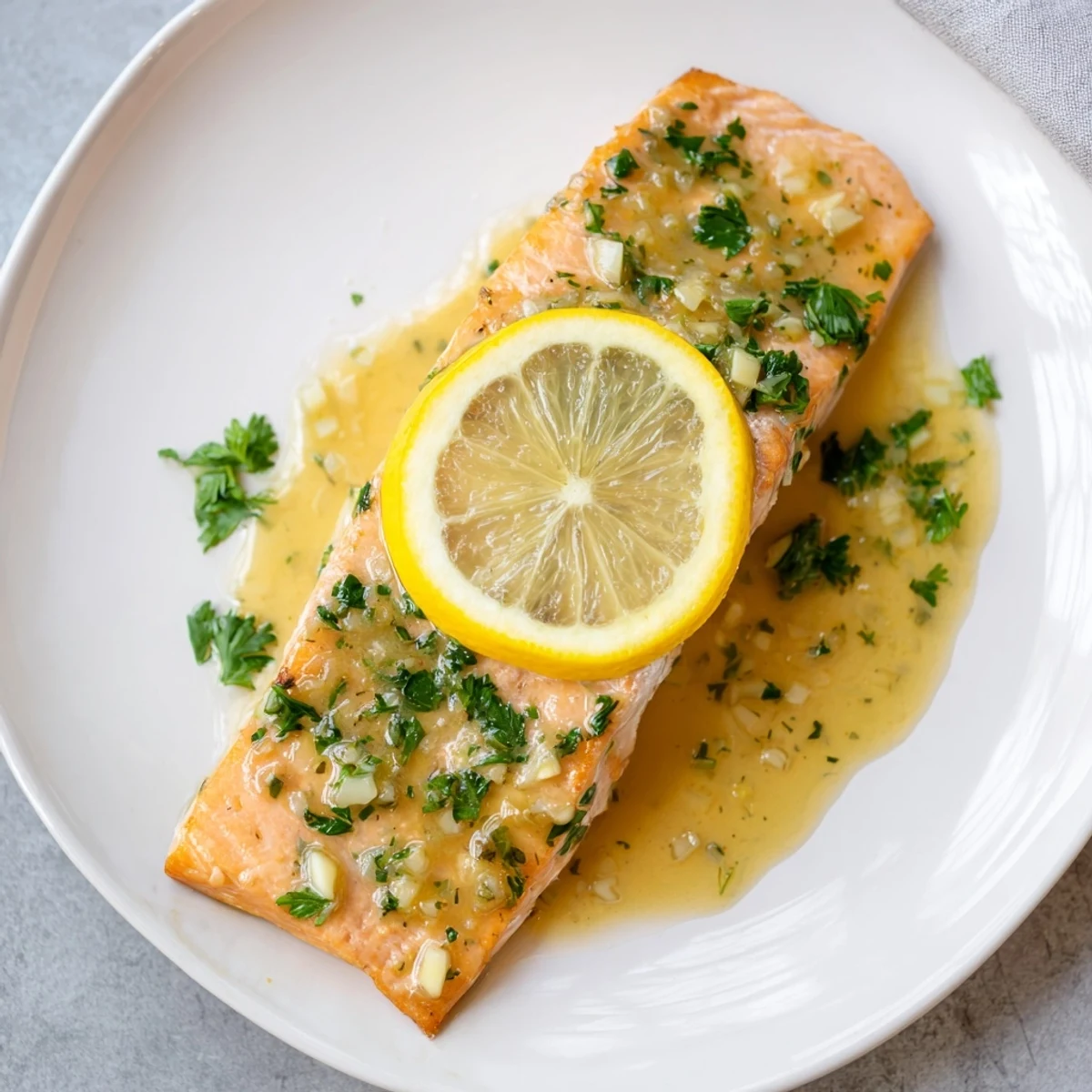 Warm Lemon Garlic Butter Salmon straight from the oven, garnished with parsley and ready for a weeknight dinner.
