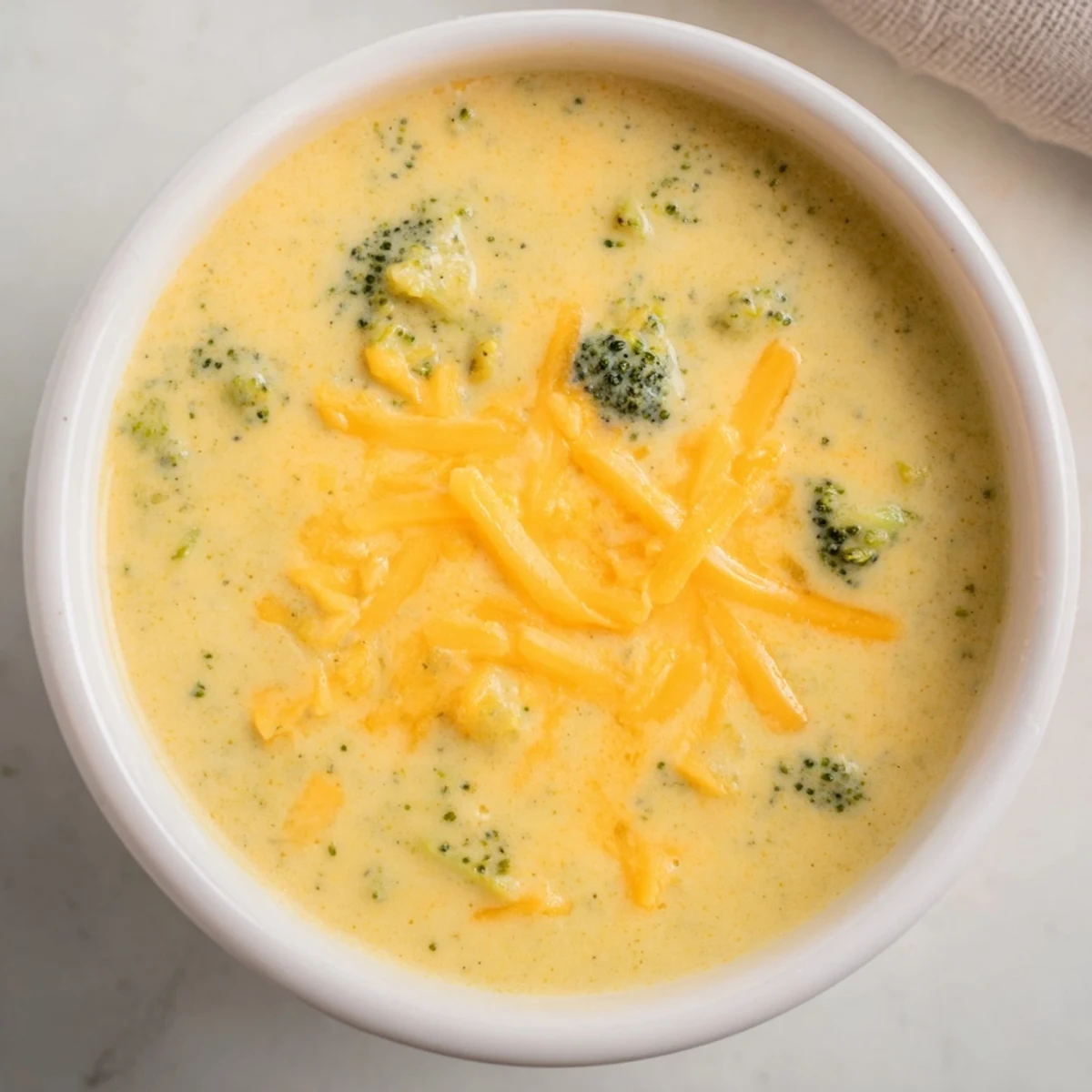 Steaming bowl of Creamy Broccoli Cheddar Soup topped with extra shredded cheese, ready to dip with crusty bread.
