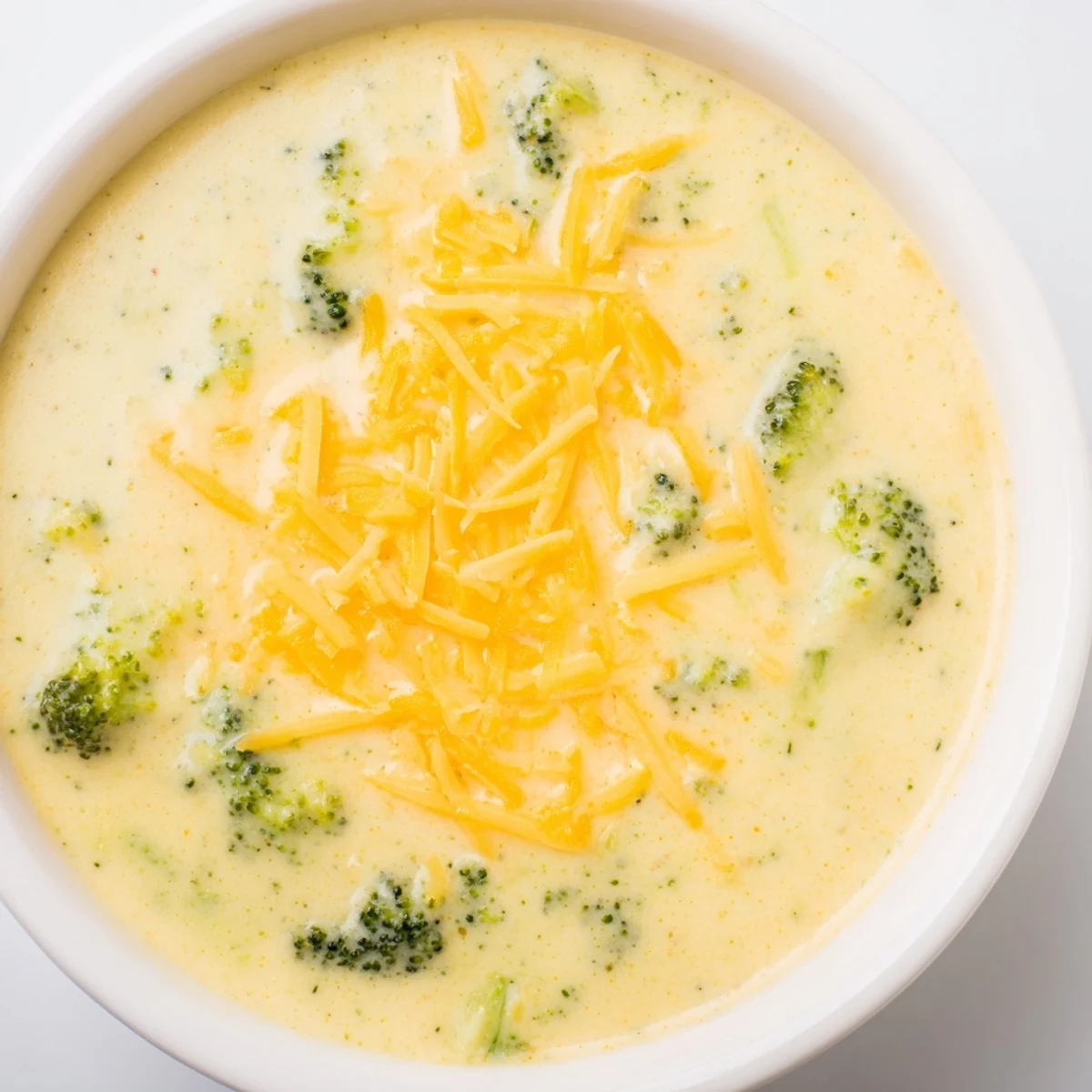 Creamy Broccoli Cheddar Soup simmering in a pot, featuring tender broccoli florets and sharp cheddar in a velvety blend.
