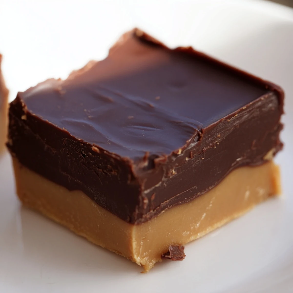 Golden squares of Chocolate Peanut Butter Fudge with rich, glossy layers stacked neatly on a rustic wooden board.
