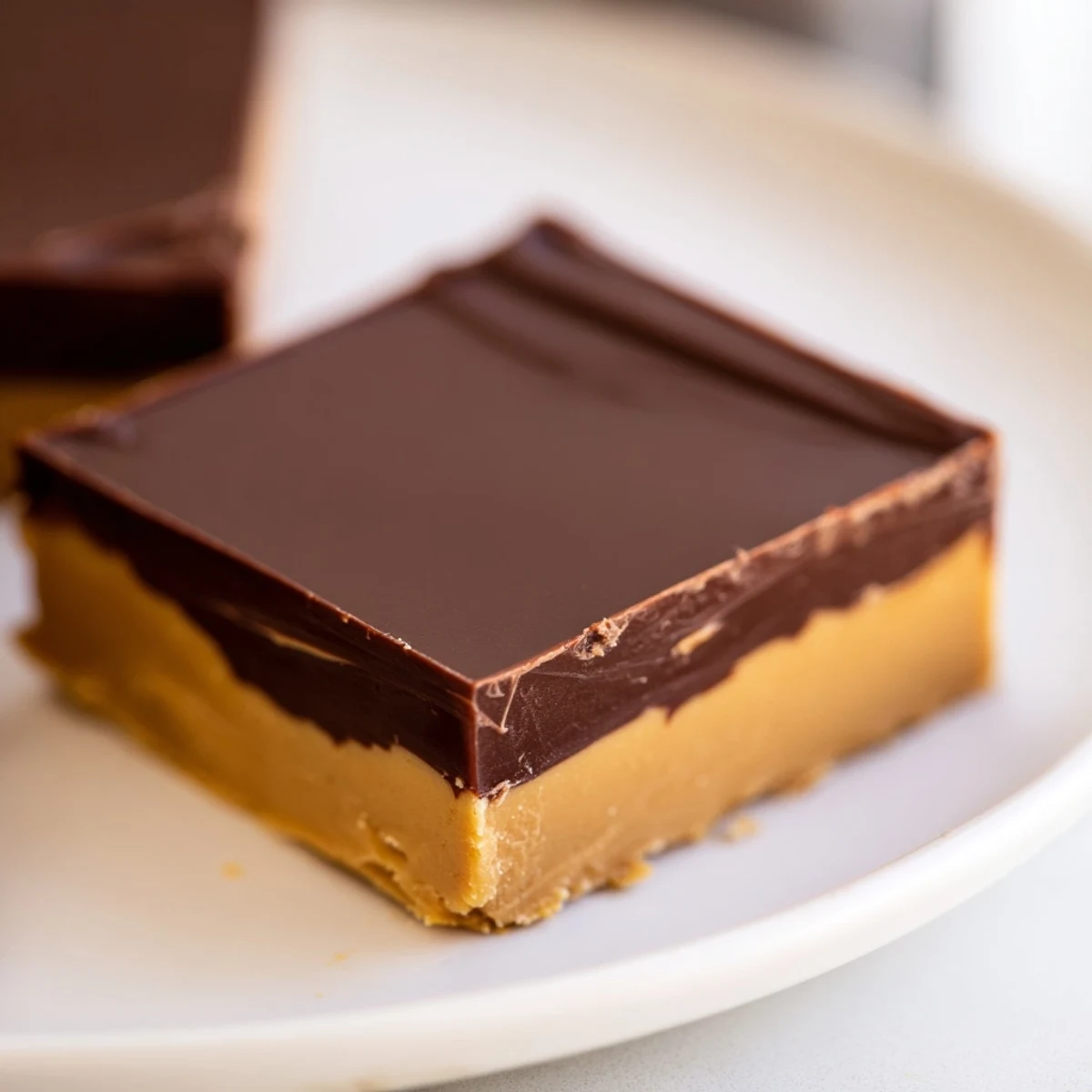 Homemade Chocolate Peanut Butter Fudge arranged on a white plate, ready to serve with a glass of cold milk.