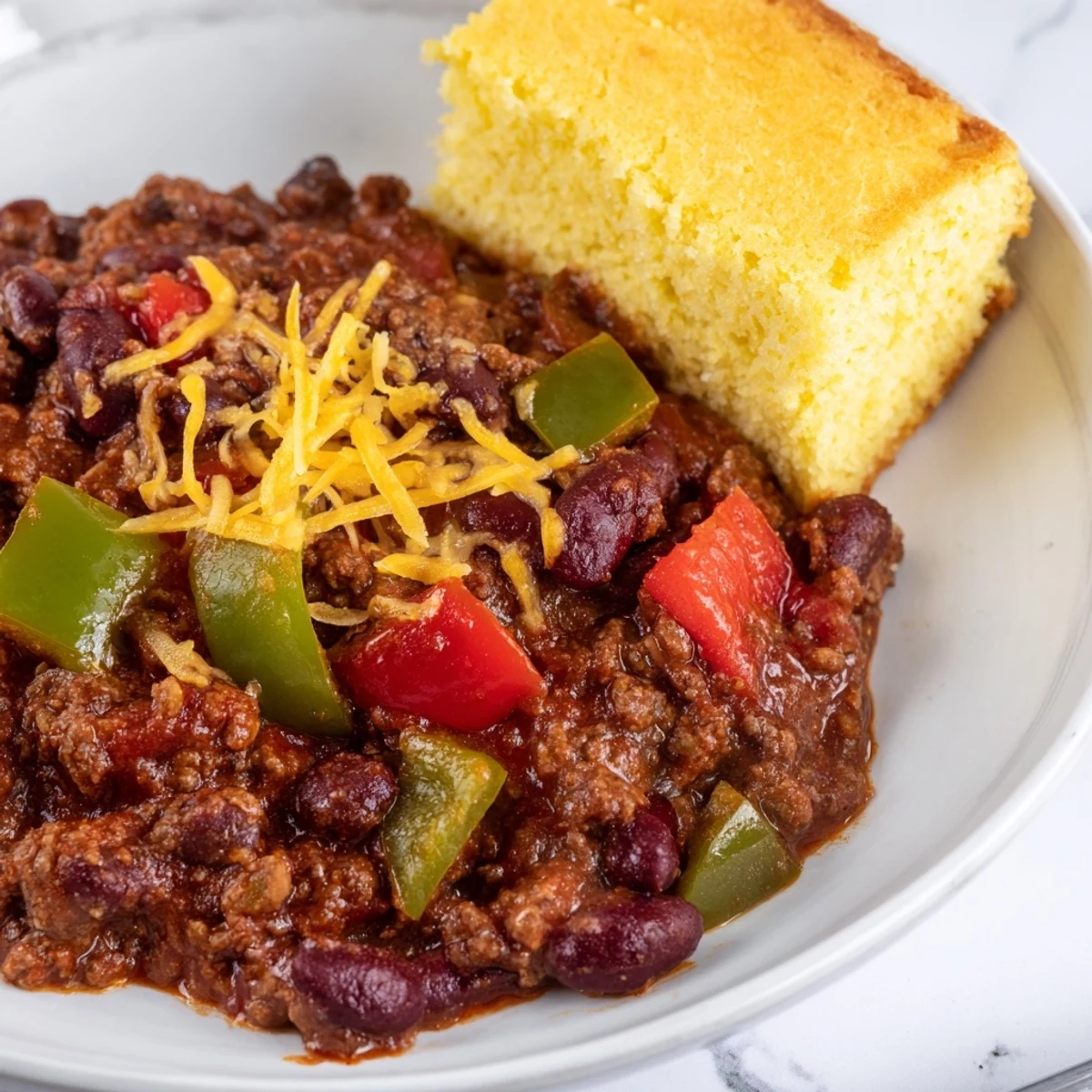 Sizzling ground beef and beans simmer in a rich, aromatic broth, with a warm square of cornbread beside it on the table.