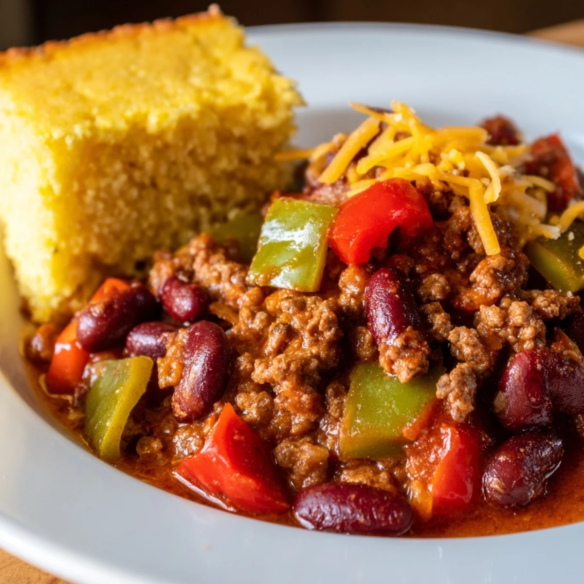 A hearty bowl of Beef and Bean Chili with Cornbread, featuring rich red chili topped with melted cheddar and a golden cornbread slice.