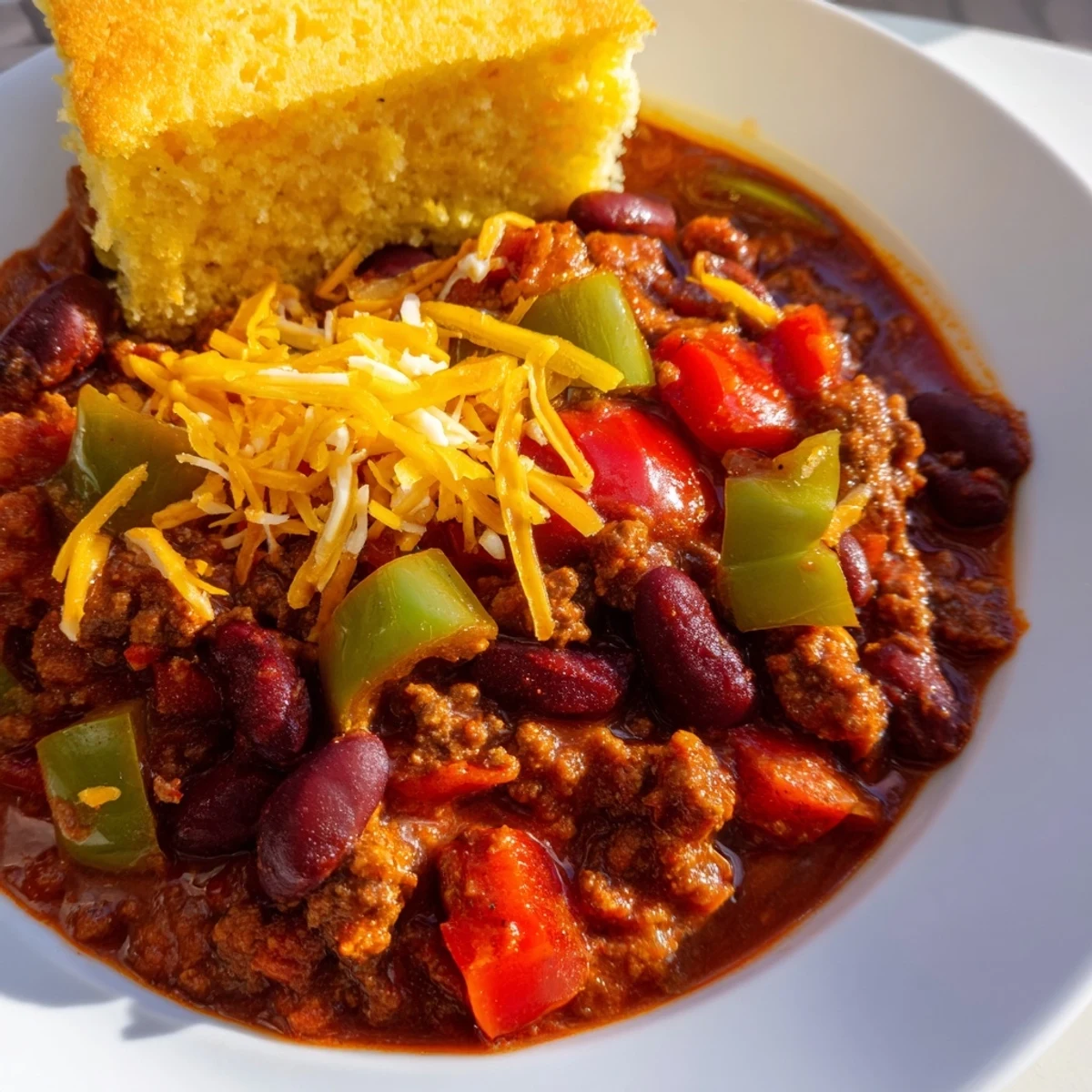 This comforting American Beef and Bean Chili with Cornbread is served steaming in a rustic bowl, garnished with fresh cilantro.