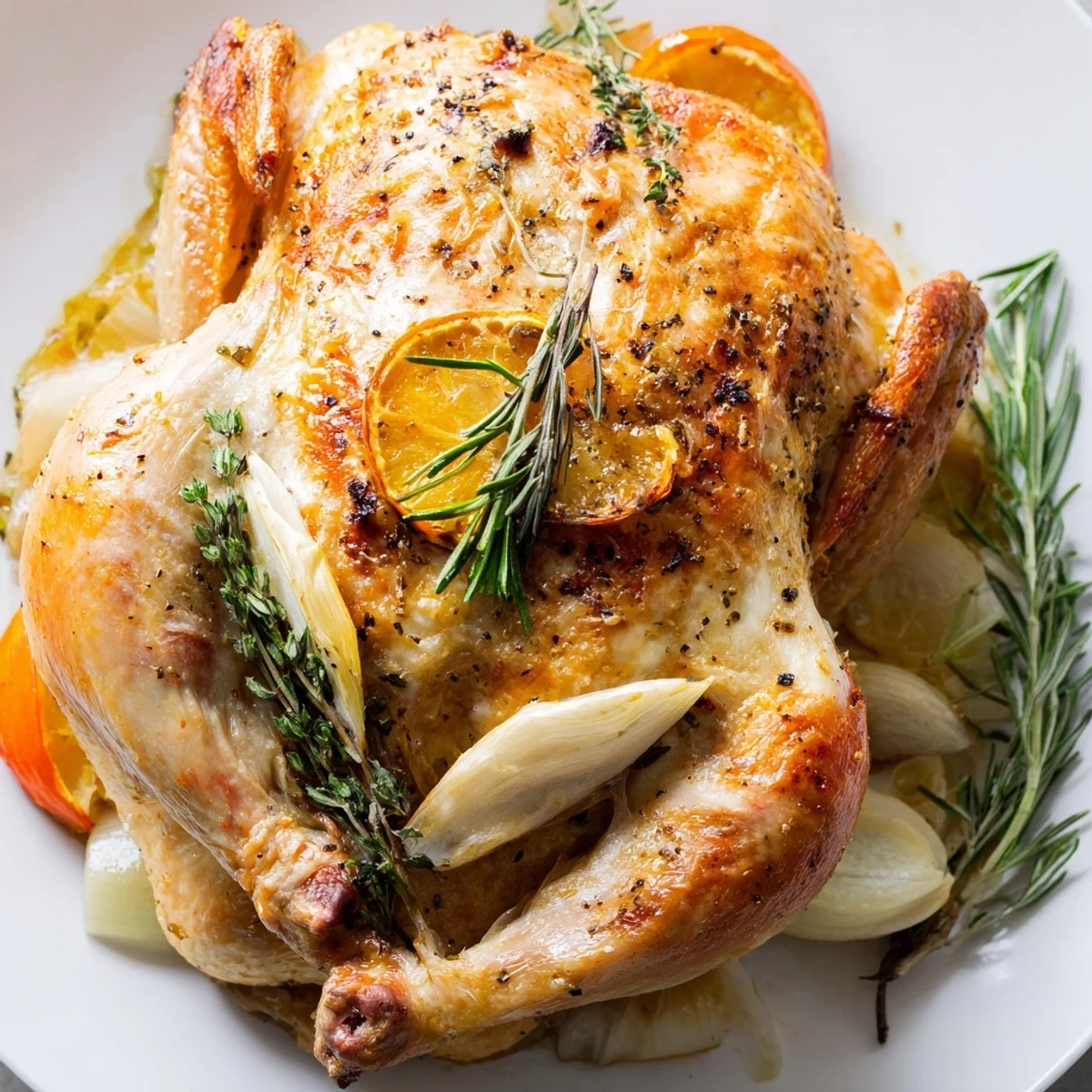 A golden-brown roasted chicken with lemon and herbs rests on a bed of carrots and onions, with pan juices pooled beneath.