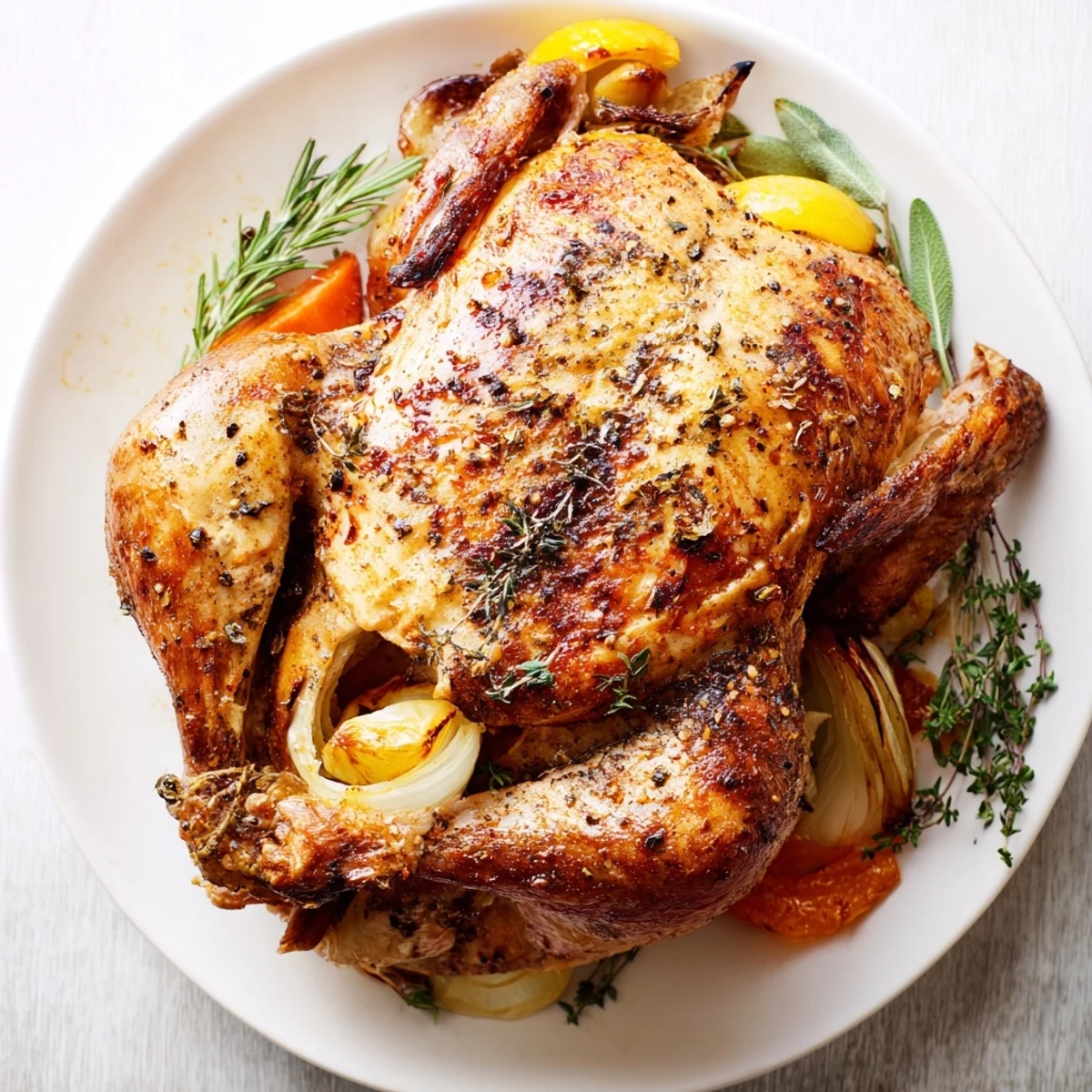 Fresh rosemary and thyme sprigs garnish the crispy skin of this succulent roasted chicken with lemon and herbs.
