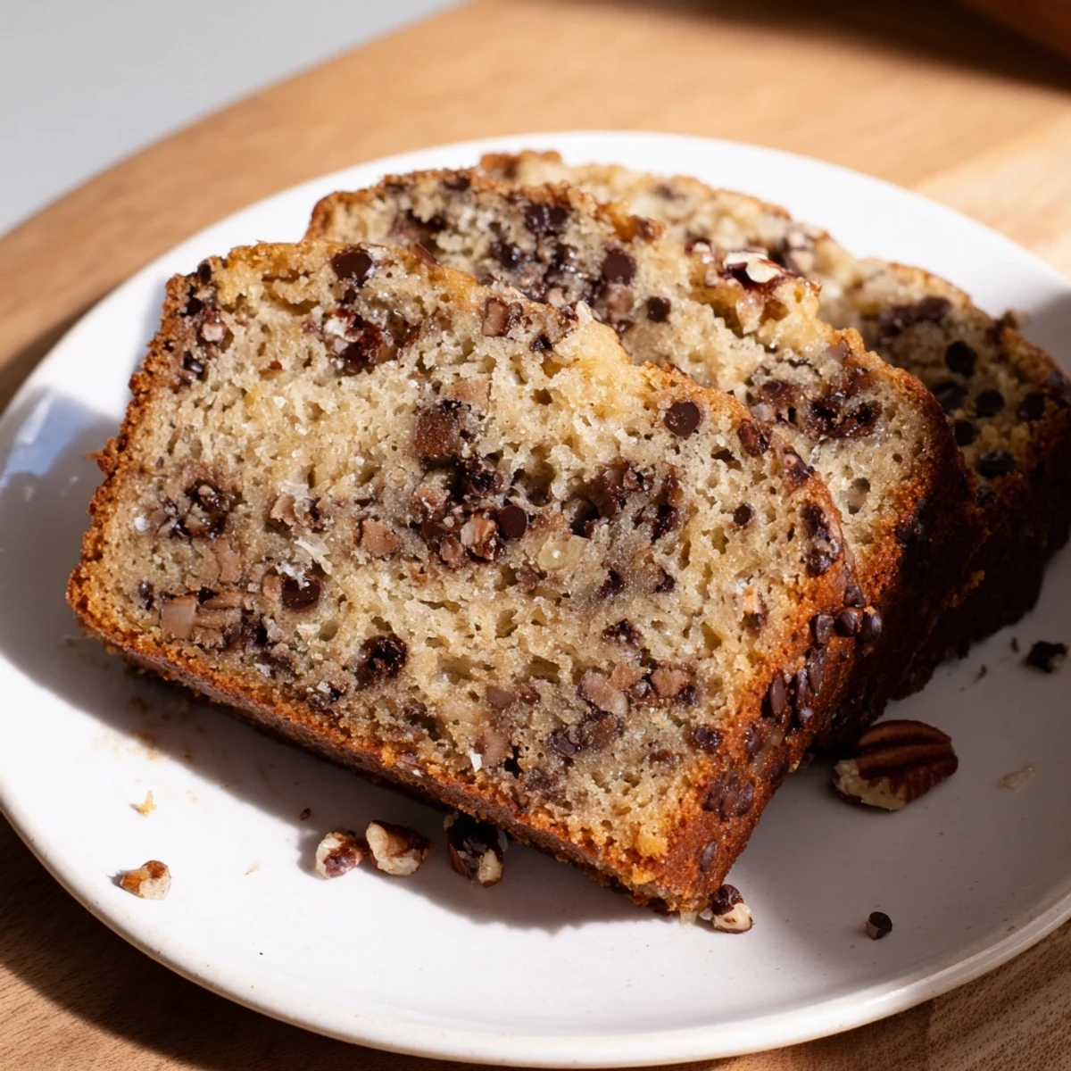 A slice of moist chocolate chip banana bread, studded with rich chocolate chips, on a rustic wooden serving board.