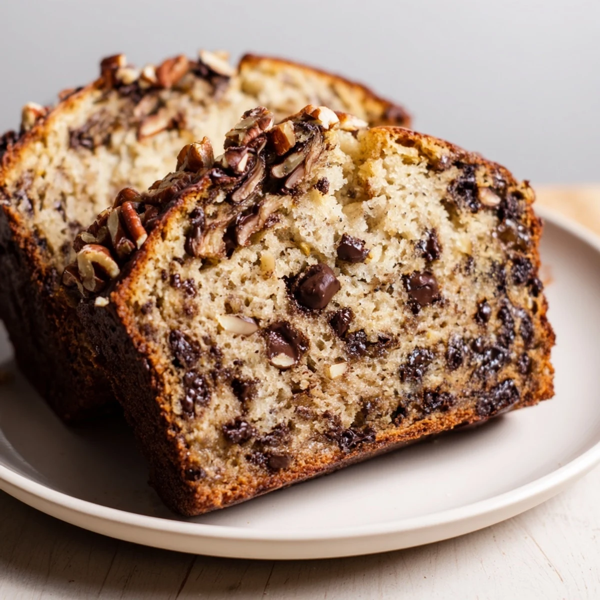 Warm chocolate chip banana bread loaf, freshly baked and sliced, revealing tender crumb and melty chocolate chip pockets.