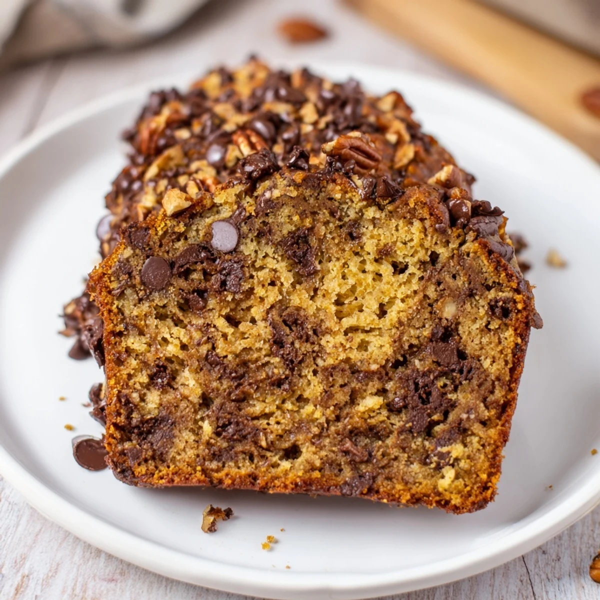 Whole chocolate chip banana bread loaf cooling on a wire rack, golden-brown crust with chocolate chips peeking through.