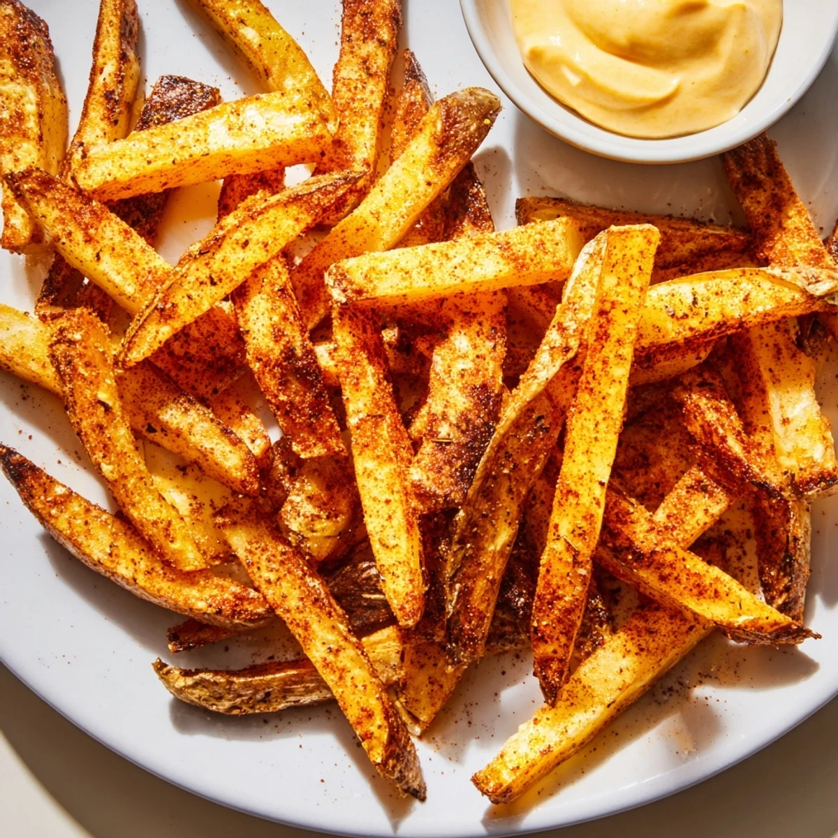 Golden-brown Cajun Spiced Fries piled high, garnished with parsley, next to a small ramekin of creamy spicy mayo for dipping.
