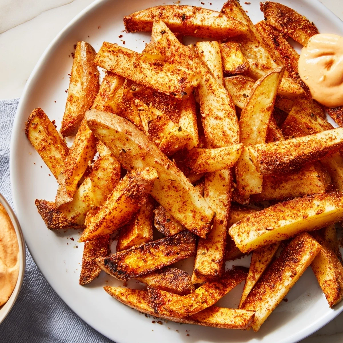 Freshly baked Cajun Spiced Fries seasoned with bold spices, served alongside a tangy, creamy spicy mayo dip on a rustic plate.