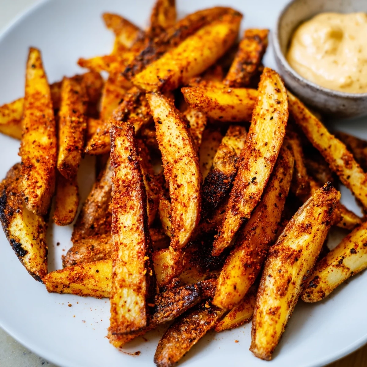 Crispy oven-baked Cajun Spiced Fries arranged neatly with a side of spicy mayo, perfect for snacking or as a dinner side dish.