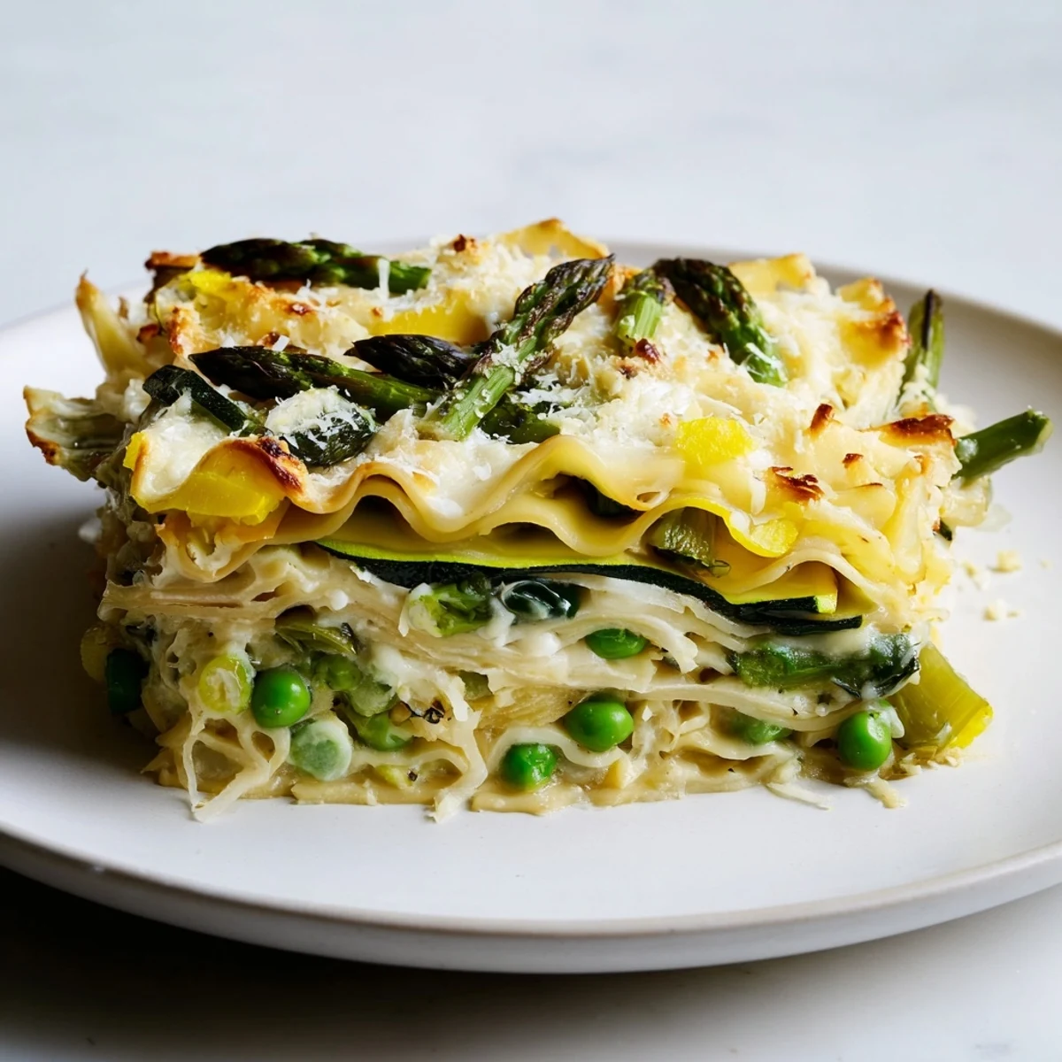 Freshly baked Spring Vegetable Lasagna with White Sauce, featuring layers of zucchini and asparagus on a rustic wooden table.  