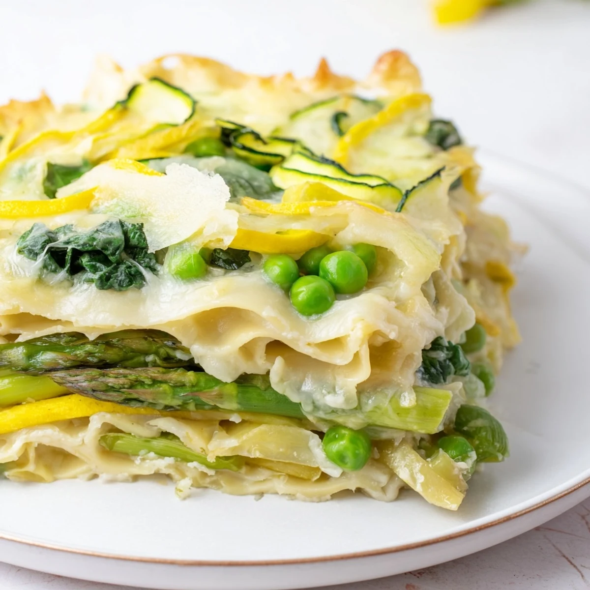 A close-up of Spring Vegetable Lasagna with White Sauce, bubbling golden cheese and creamy béchamel topping visible.  