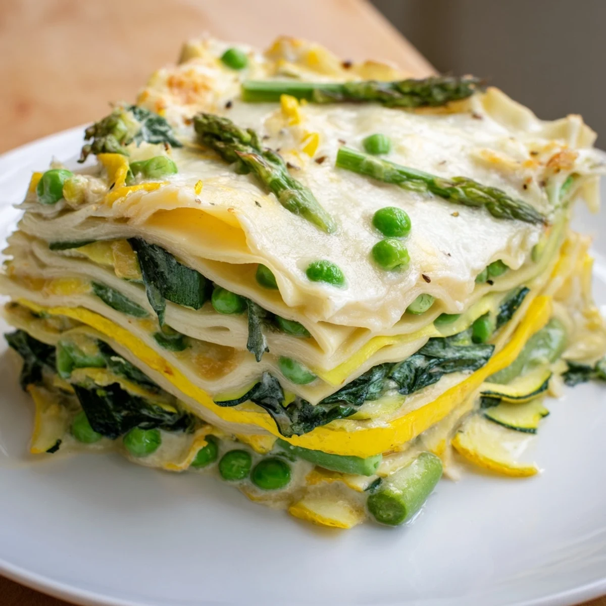 A slice of Spring Vegetable Lasagna with White Sauce being served, revealing tender pasta and vibrant vegetable layers.