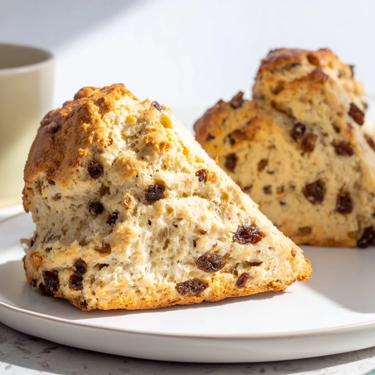 Golden-brown Irish Soda Bread Scones cooling on a wire rack, revealing tender crumb studded with sweet currants.