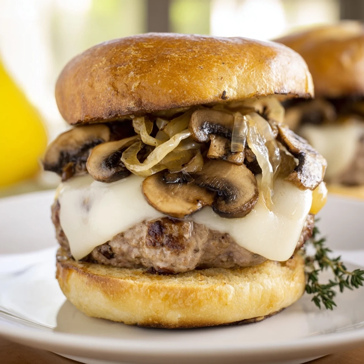 A juicy Mushroom and Swiss Burger with Caramelized Onions rests on a toasted brioche bun with arugula. 