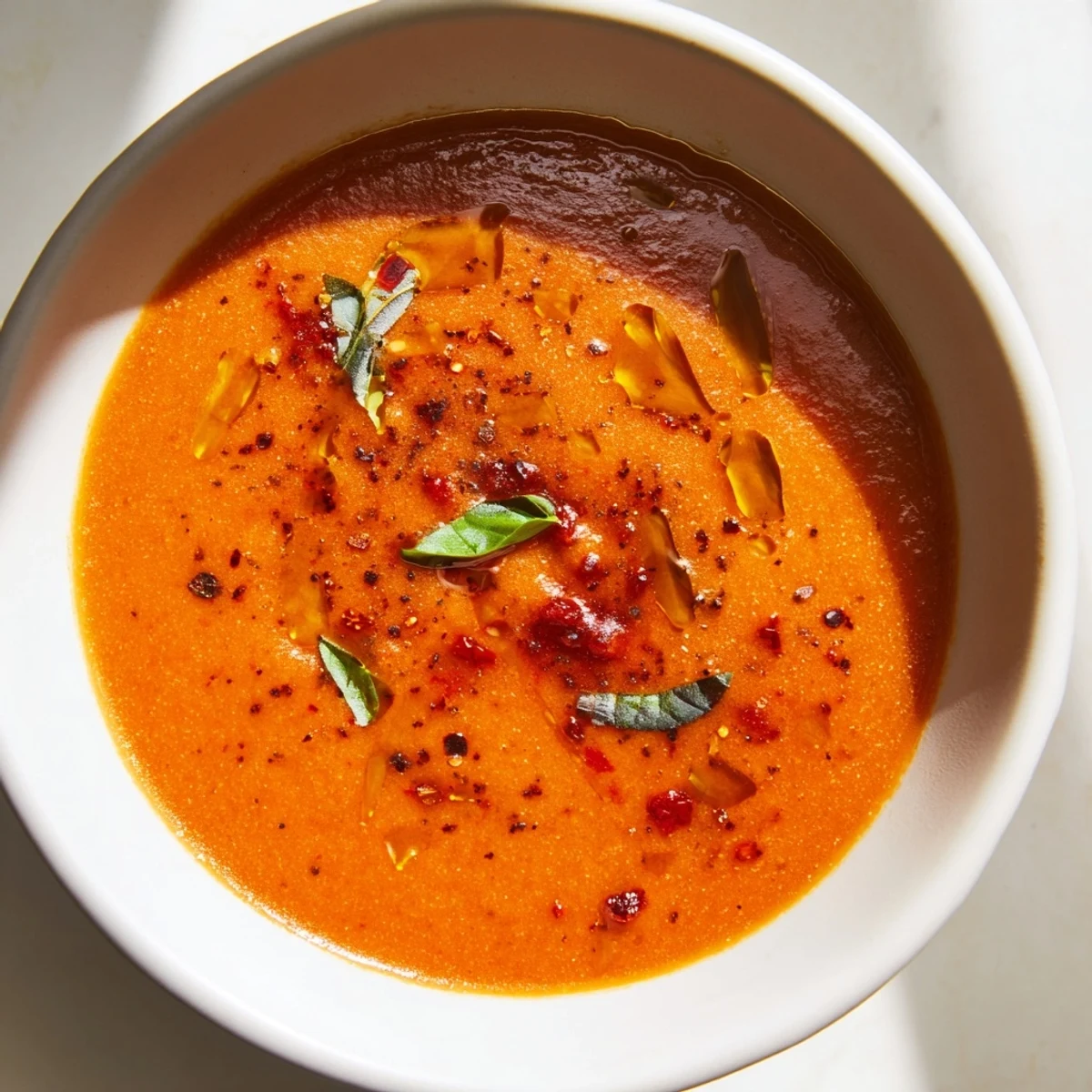 A warm bowl of Roasted Garlic and Tomato Basil Soup garnished with fresh basil and a swirl of olive oil.