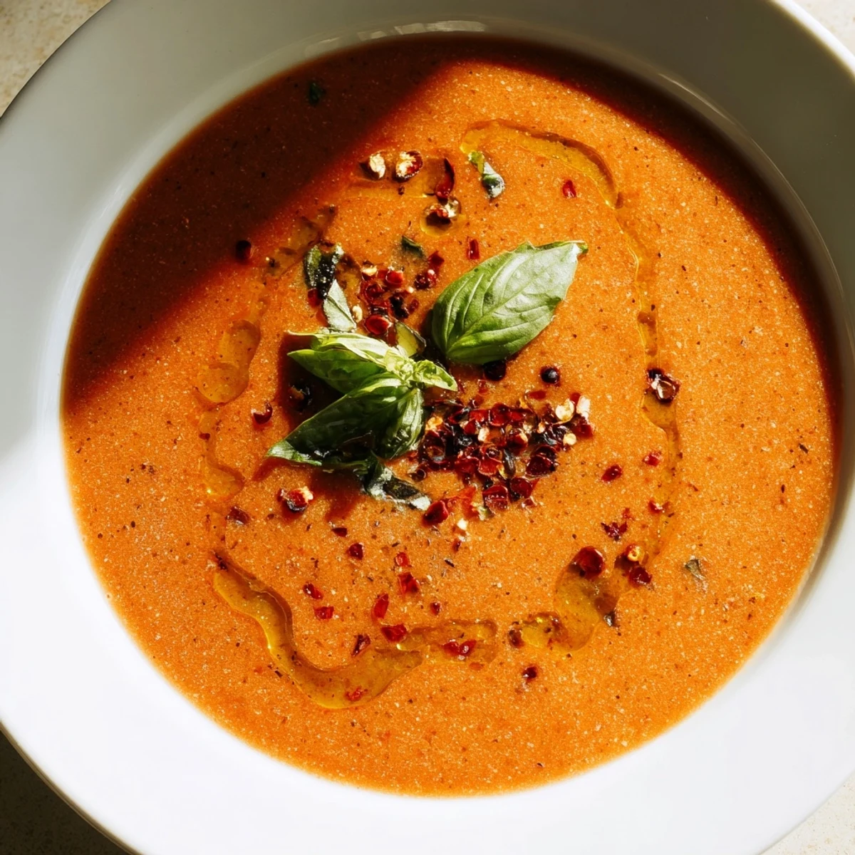 Close-up photo showing the creamy texture of Roasted Garlic and Tomato Basil Soup served in a rustic soup bowl.