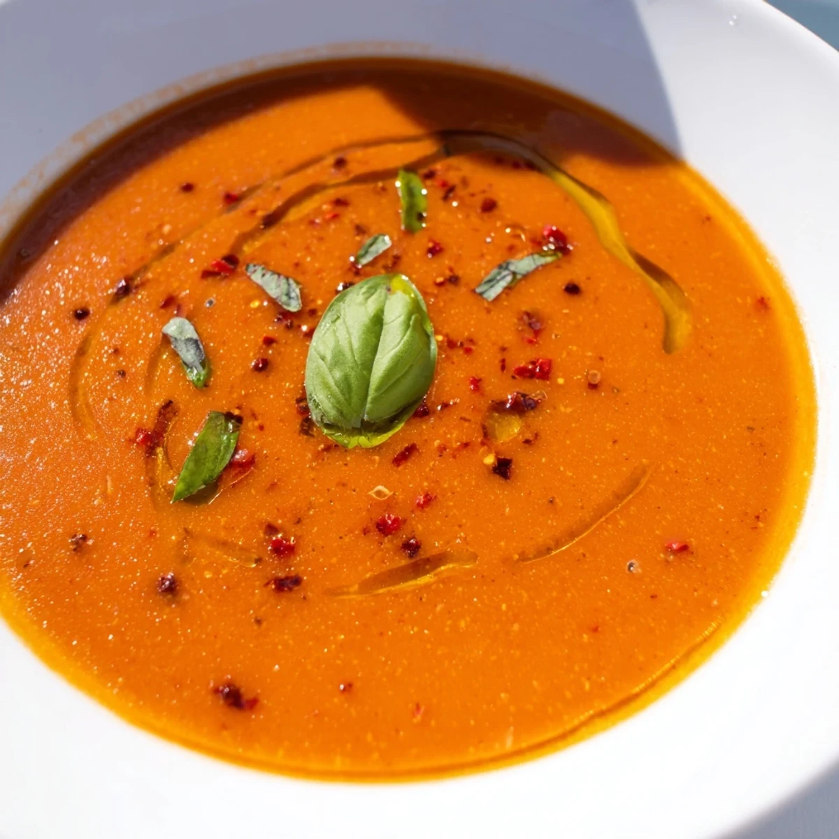 Overhead view of Roasted Garlic and Tomato Basil Soup paired with crusty bread and a fresh basil leaf garnish.