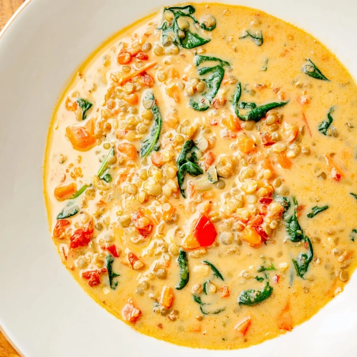 A warm bowl of Coconut Curry Lentil Soup with Spinach garnished with lime wedges and a spoon.  