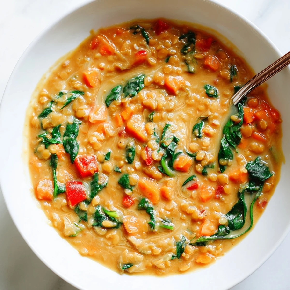 Steam rises from the creamy Coconut Curry Lentil Soup with Spinach served in a rustic bowl.  