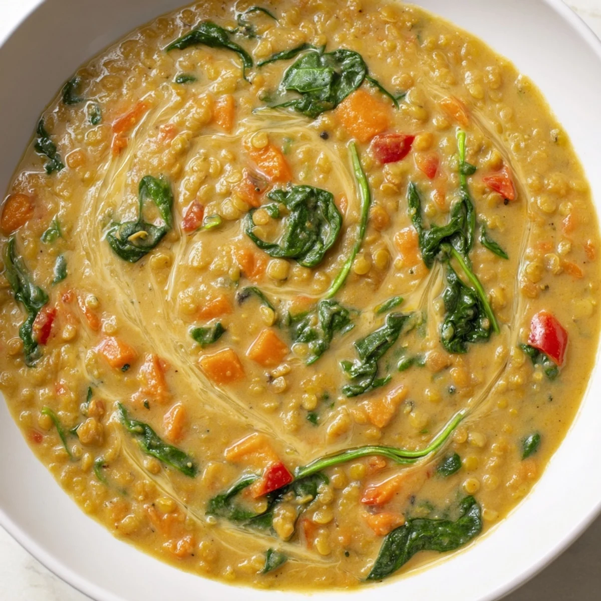 Close-up of Coconut Curry Lentil Soup with Spinach showing lentils, carrots, and wilted greens.