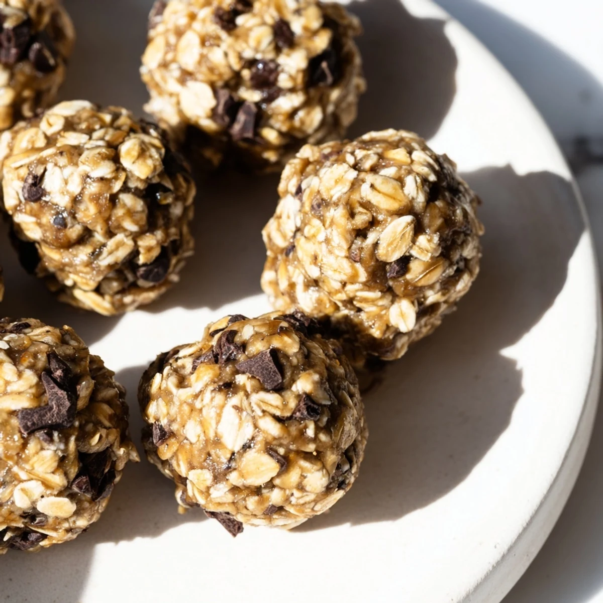 Freshly rolled Chocolate Peanut Butter Energy Balls glisten on parchment paper, showcasing oats and chocolate chips for a healthy snack.