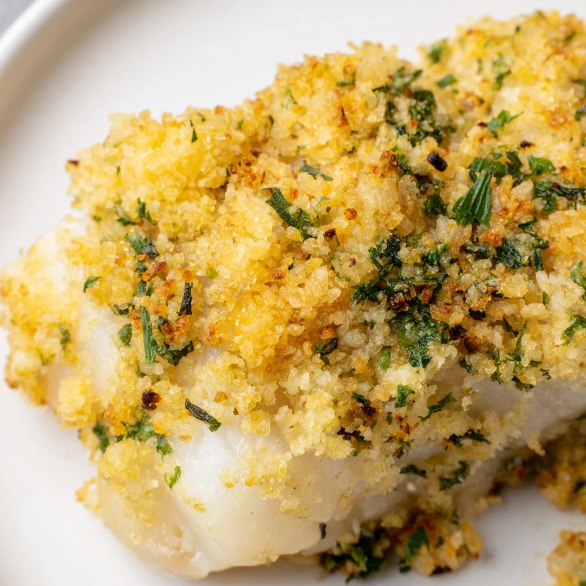 Flaky baked cod with lemon herb panko crumb, resting on a white platter next to fresh lemon slices and herbs.