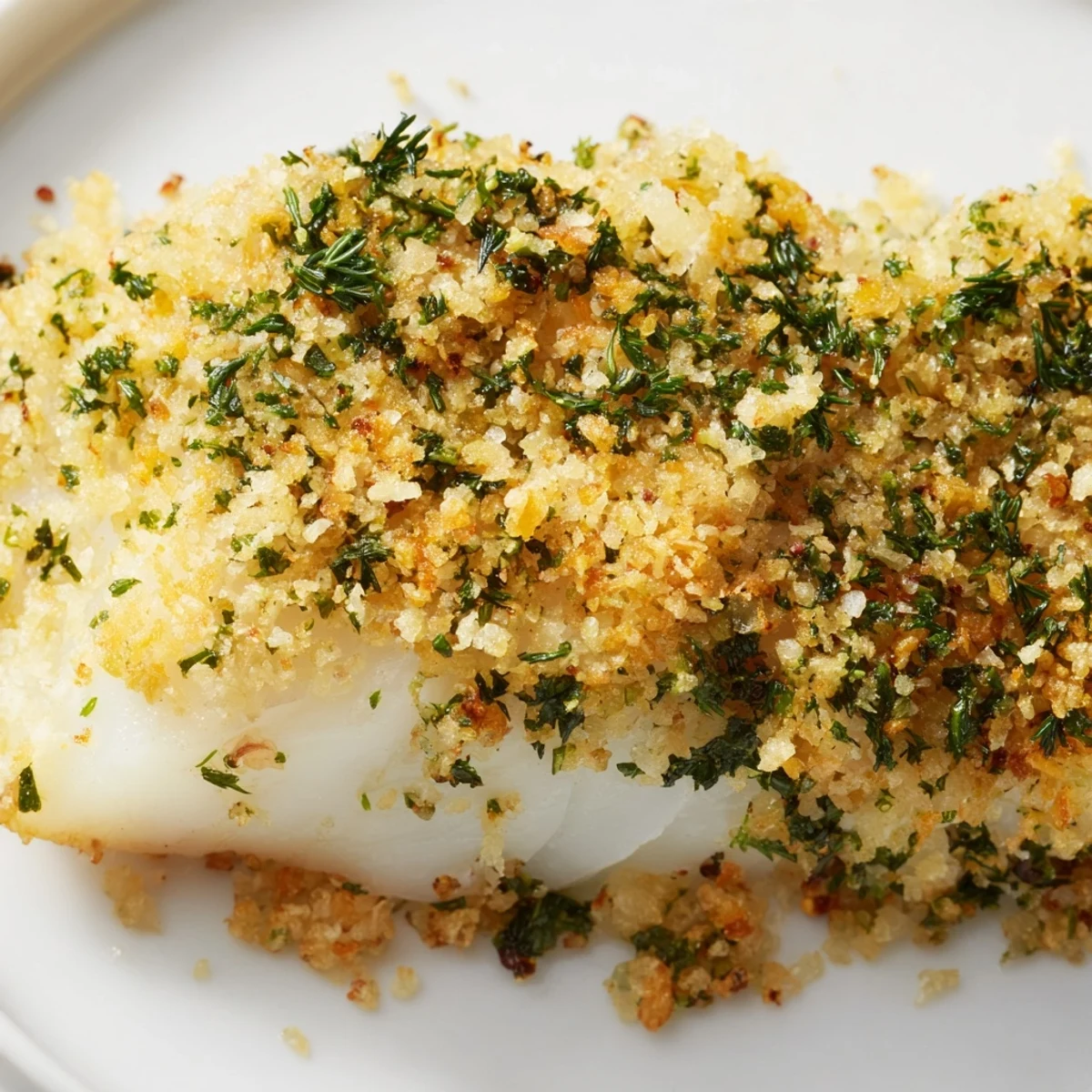 Golden baked cod fillets topped with a crisp lemon herb panko crumb, served on a white plate with lemon wedges.