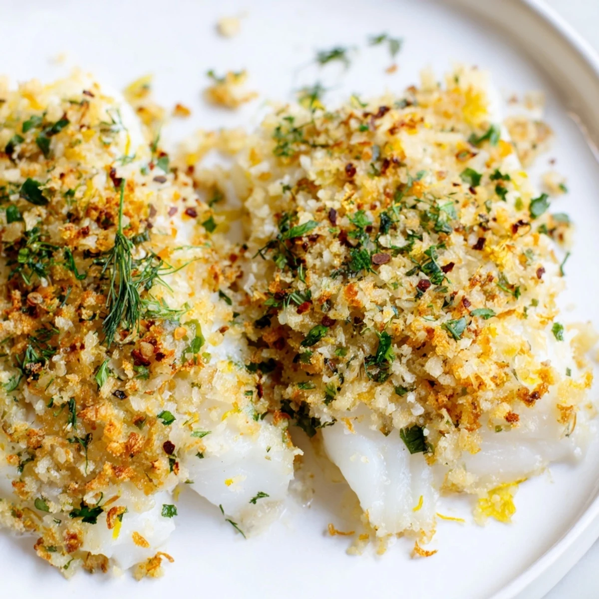 Moist, tender baked cod with lemon herb panko crumb, garnished with fresh parsley and served with a bright lemon wedge.