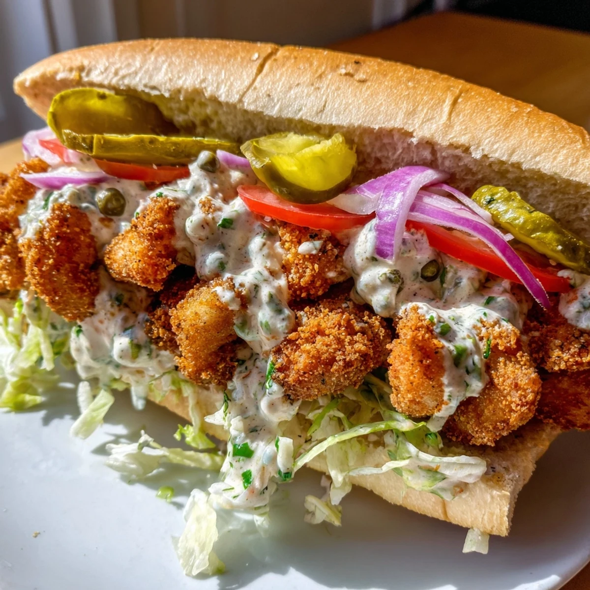 A vibrant Mardi Gras Shrimp Po Boy with Remoulade shows golden fried shrimp nestled in a toasted French bread roll with fresh lettuce and tomato.  