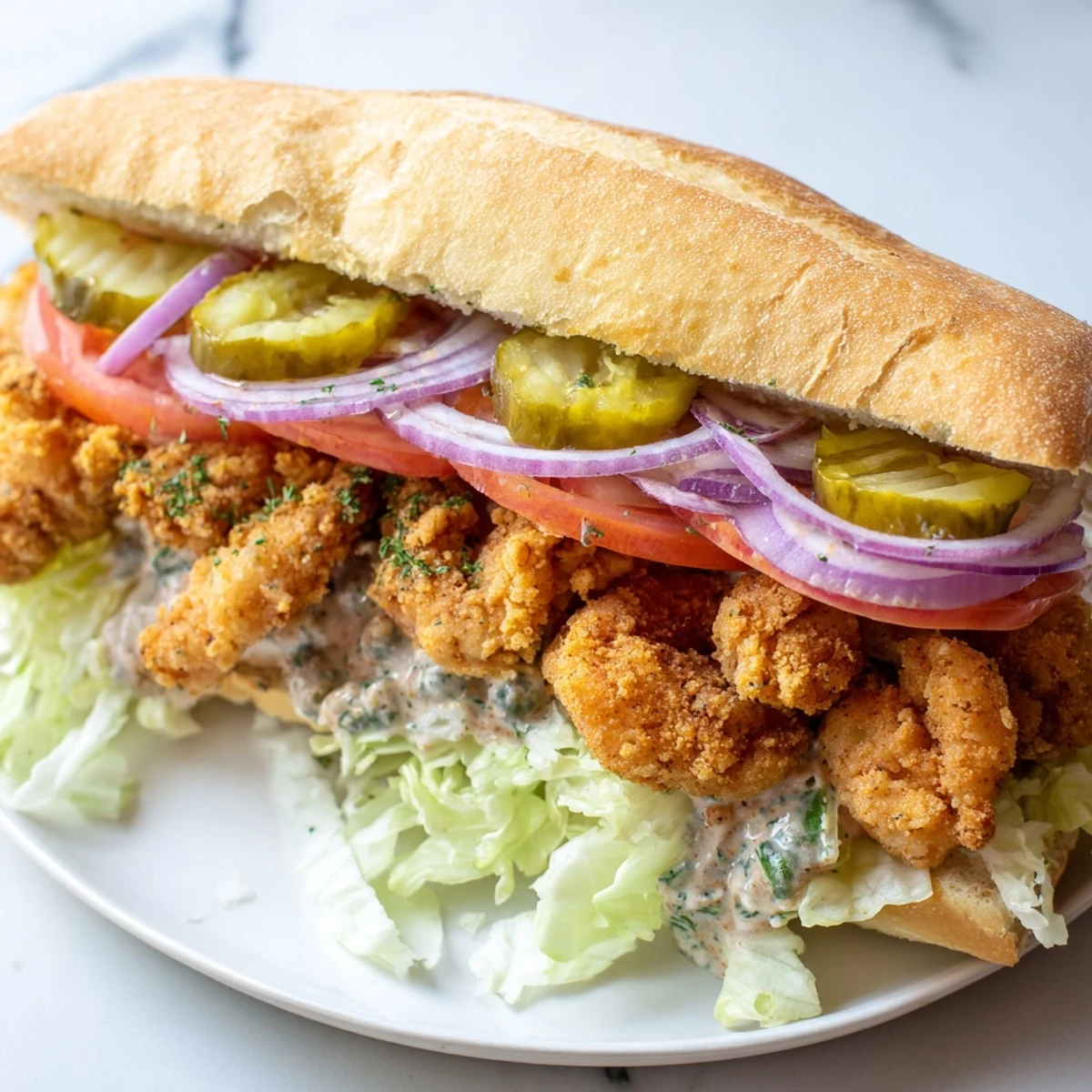 The toasted French bread cradles a Mardi Gras Shrimp Po Boy with Remoulade, garnished with crisp lettuce, ripe tomato slices, and a drizzle of zesty sauce.