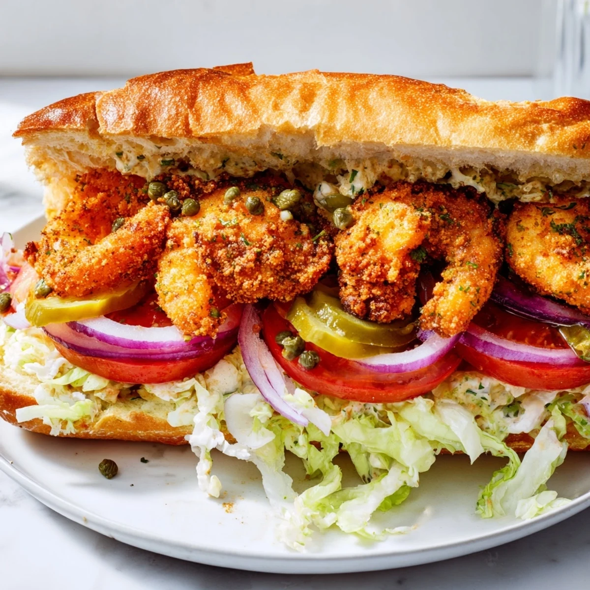 Golden fried shrimp in a Mardi Gras Shrimp Po Boy with Remoulade are piled high on French bread with pickles and creamy sauce dripping slightly.  