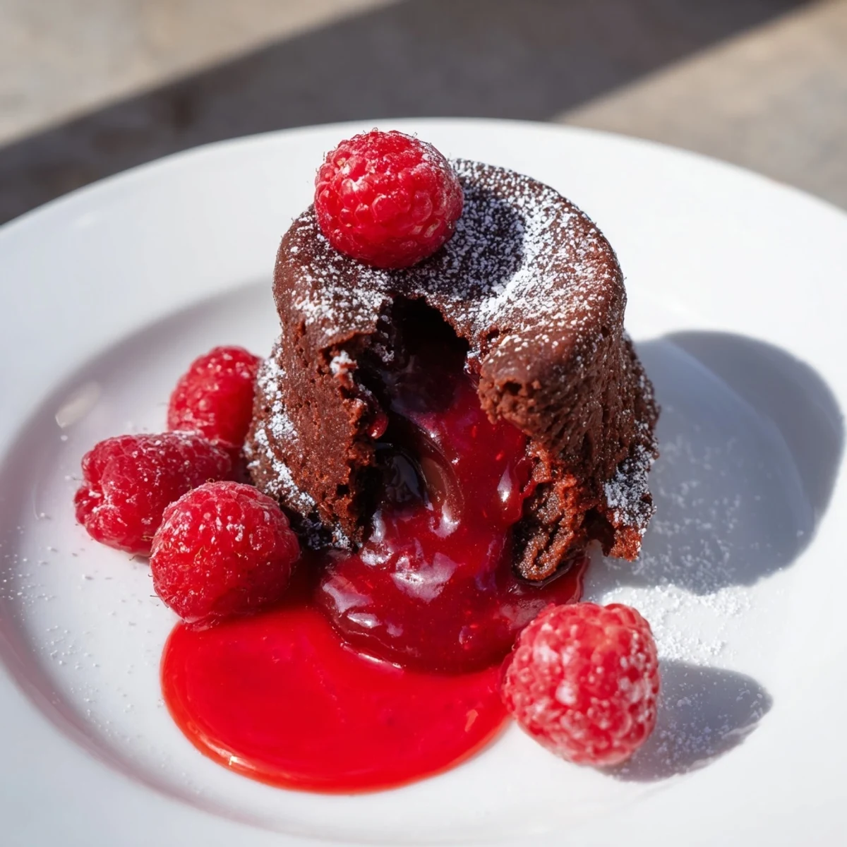 A single Chocolate Lava Cake on a plate drizzled with raspberry coulis.