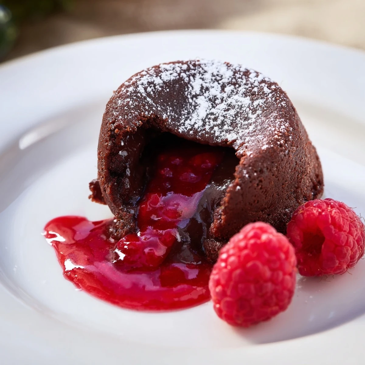 Four warm Chocolate Lava Cakes with raspberry coulis on plates, powdered sugar dusted.