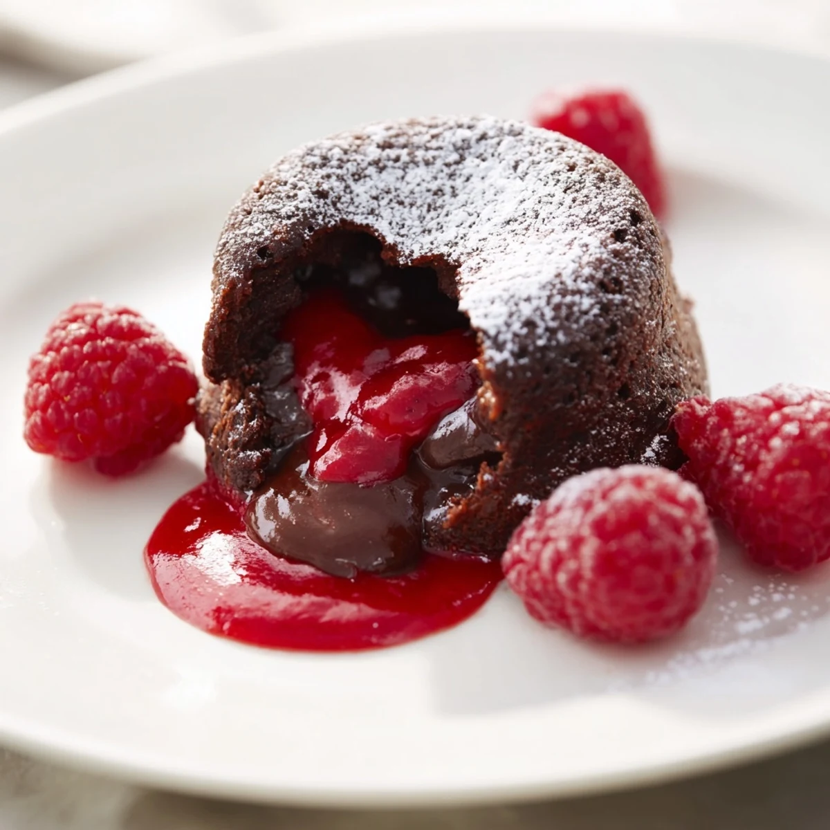 Chocolate Lava Cakes with raspberry coulis and fresh raspberries on dessert plates.