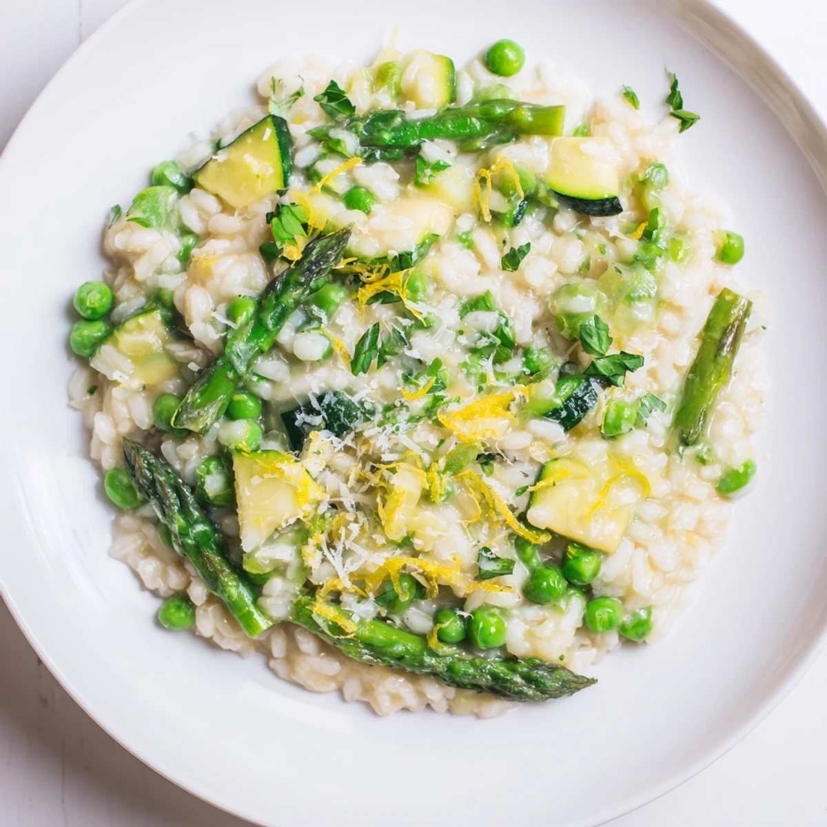A close-up of Spring Vegetable Risotto with Lemon, featuring vibrant peas and zucchini on a rustic wooden table.