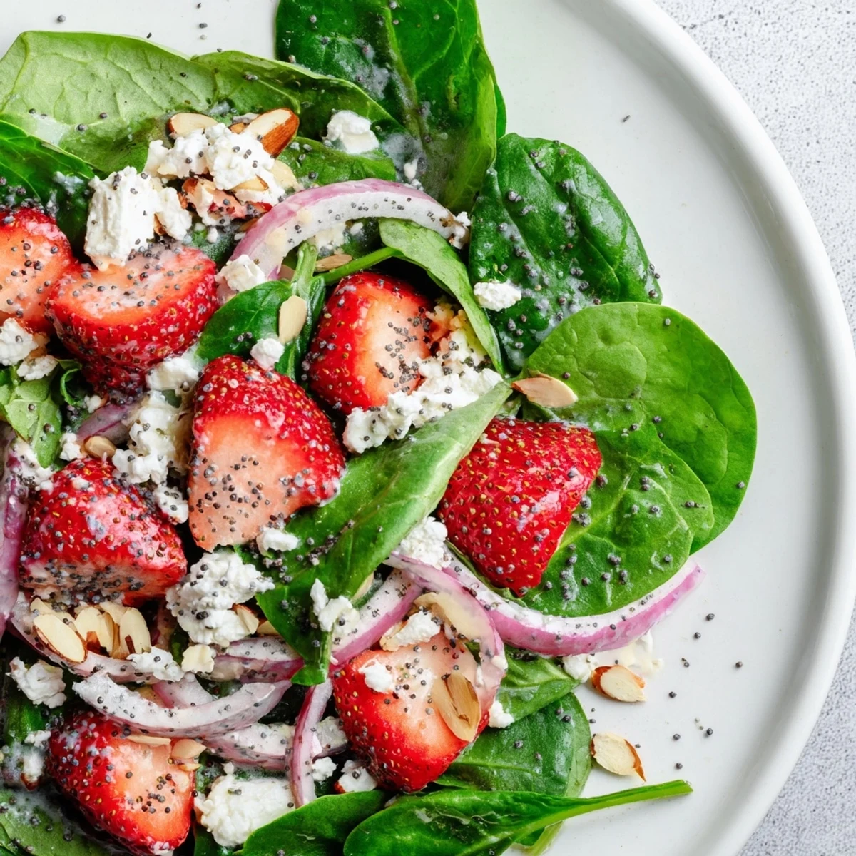 A vibrant Strawberry Spinach Salad with Poppy Seed Dressing served in a white bowl, ready to enjoy.