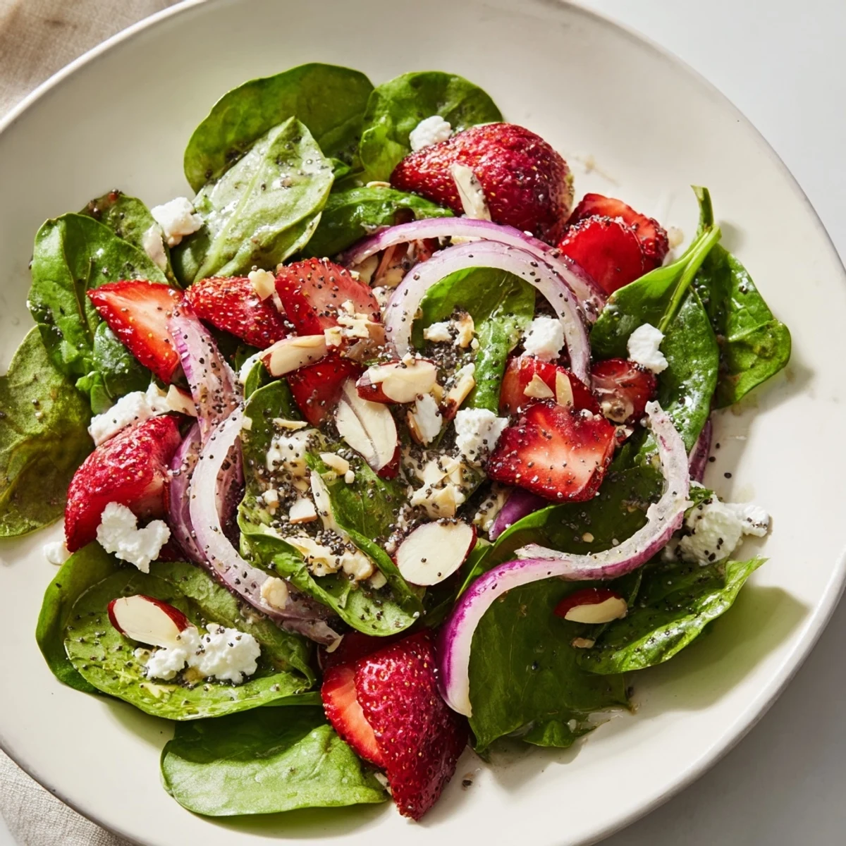 Close-up of Strawberry Spinach Salad with Poppy Seed Dressing highlighting juicy berries, feta, and crunchy pecans.
