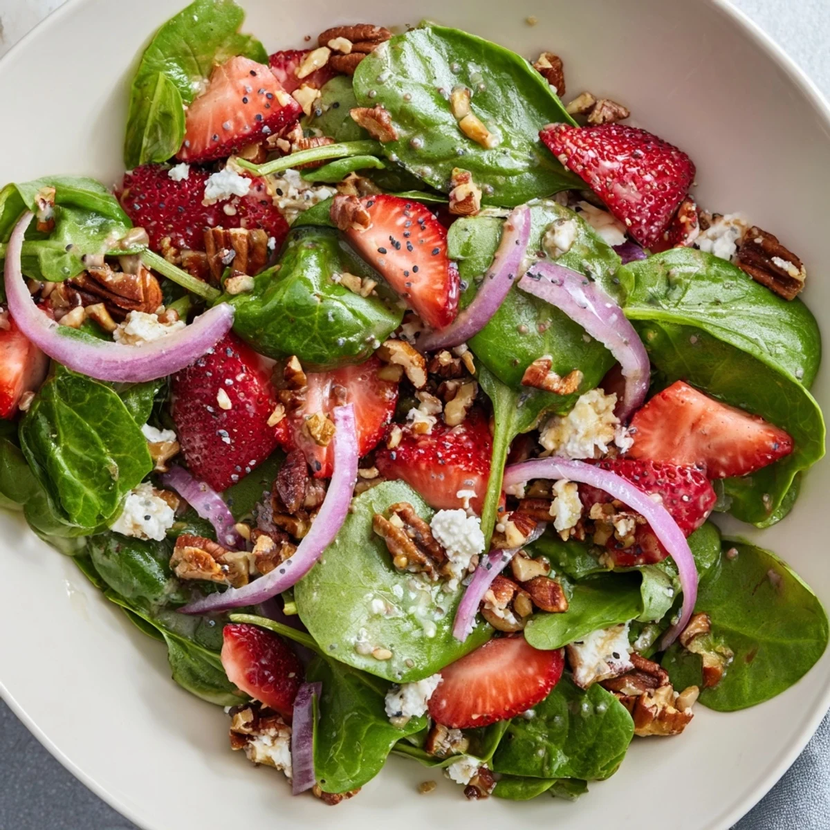 A close-up of vibrant Strawberry Spinach Salad with Poppy Seed Vinaigrette featuring glistening strawberries, onions, and a honey-Dijon dressing ready for a summer lunch.