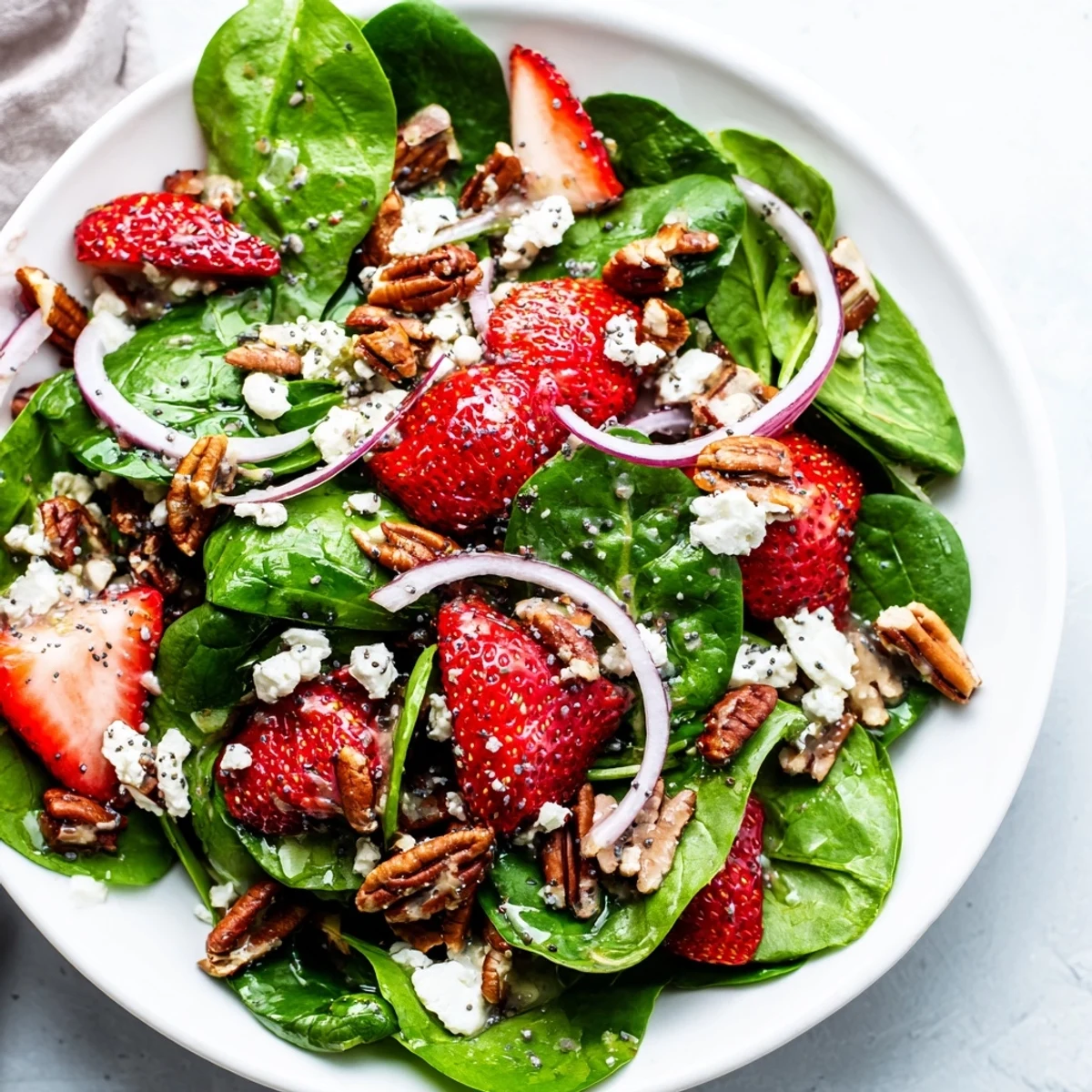 Bright baby spinach and sliced fresh strawberries in a salad bowl topped with crumbled feta and toasted pecans for a refreshing Strawberry Spinach Salad with Poppy Seed Vinaigrette.